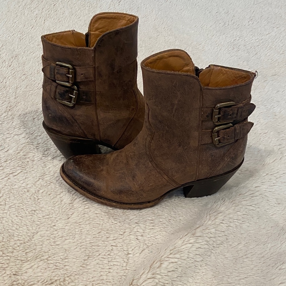 Lucchese Catalina Distressed Brown Leather Buckle Ankle Boots Western Bootie